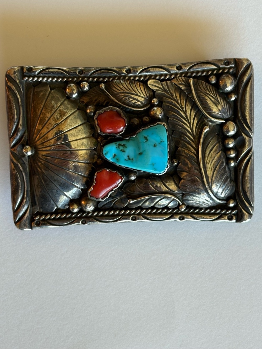 Sterling Silver Turquoise & Coral Inlay Western Belt Buckle Vintage E. Spencer